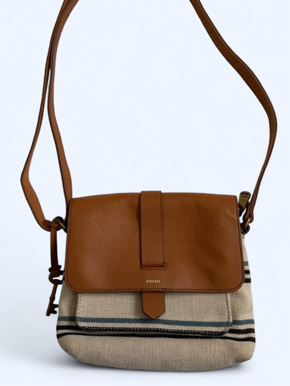 Fossil Brown Leather & Beige Striped Canvas Crossbody Bag
